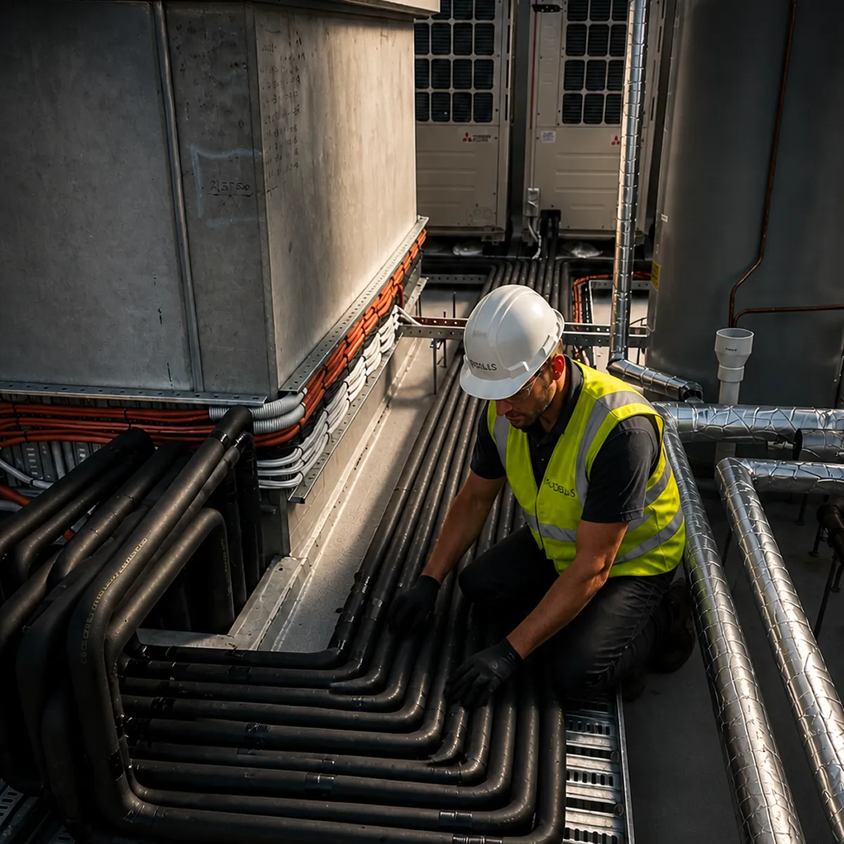 Technician inspecting rooftop mechanical plant and pipework as part of an asset condition report
