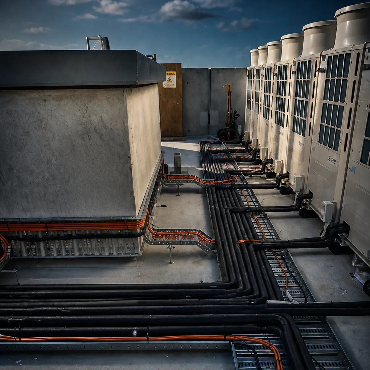 Commercial rooftop mechanical services installation with organised pipework and plant units