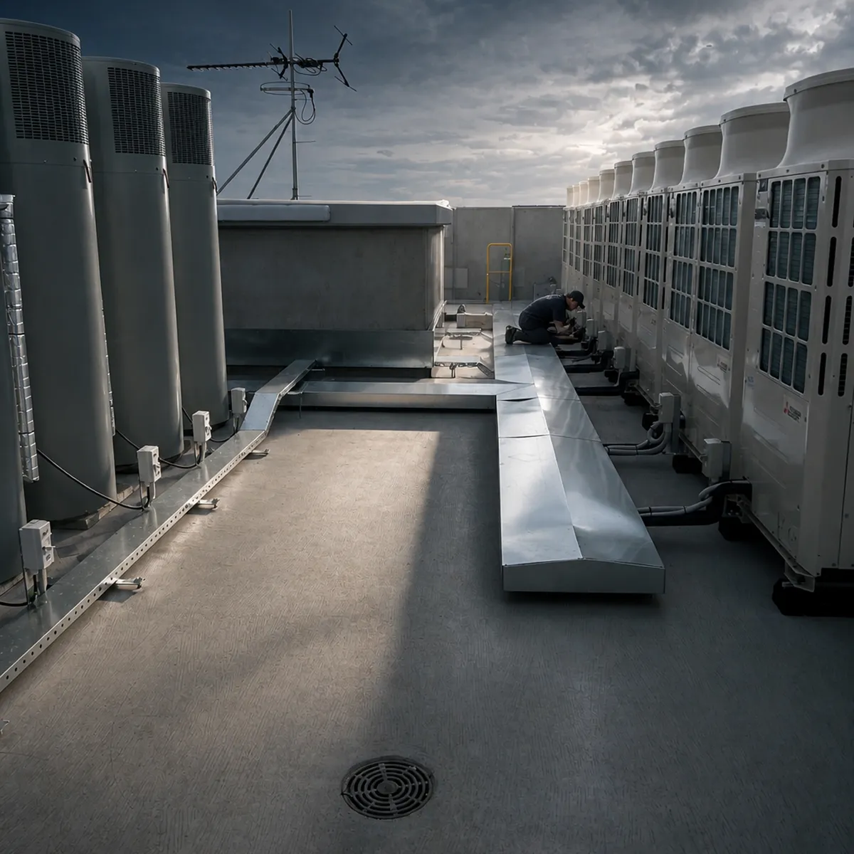 Technician servicing rooftop HVAC and mechanical plant on a commercial building managed by a property manager
