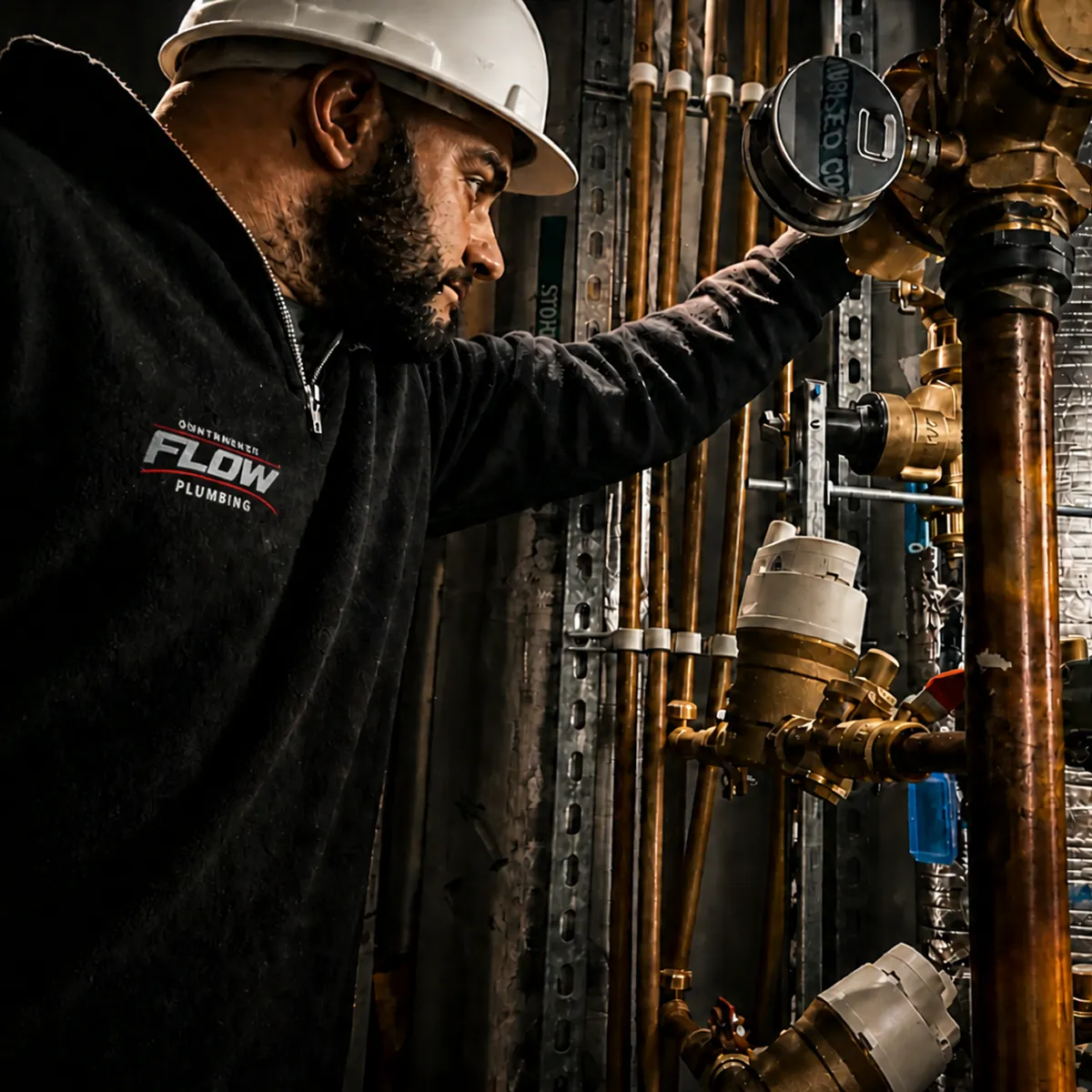 Controlled Flow Plumbing technician installing hydraulic pipework on a commercial construction site