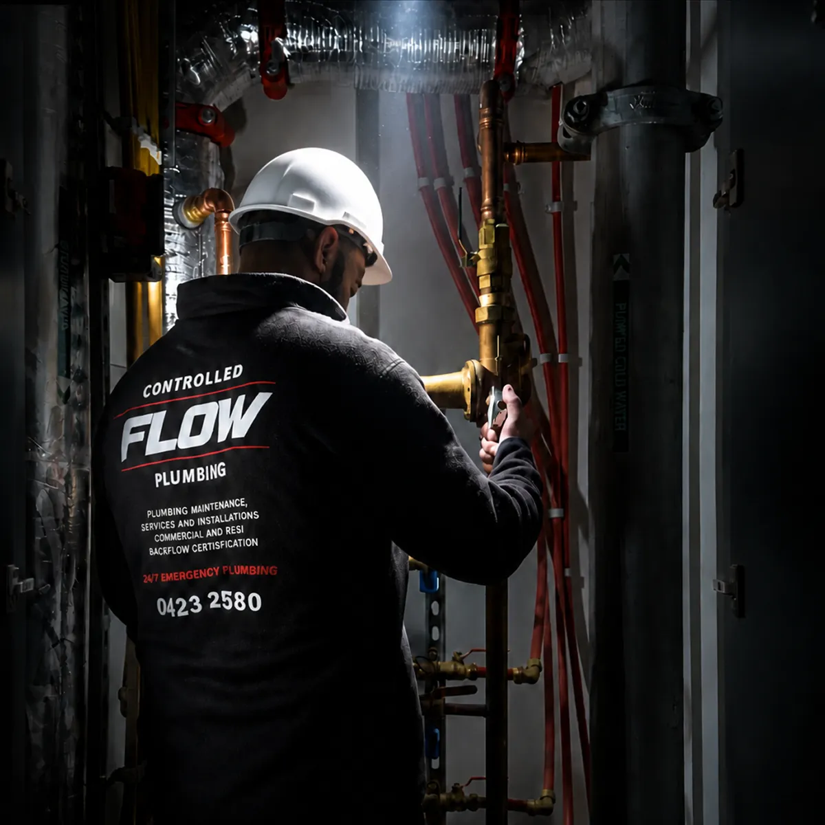 Controlled Flow Plumbing technician servicing common property hydraulic pipework for an owners corporation
