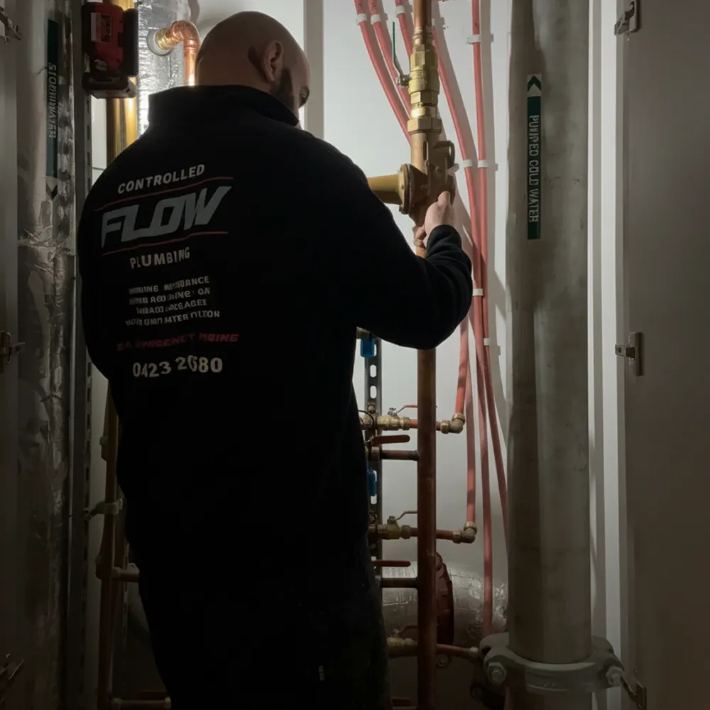 Controlled Flow Plumbing technician inspecting hydraulic pipework in a plant room for an owners corporation