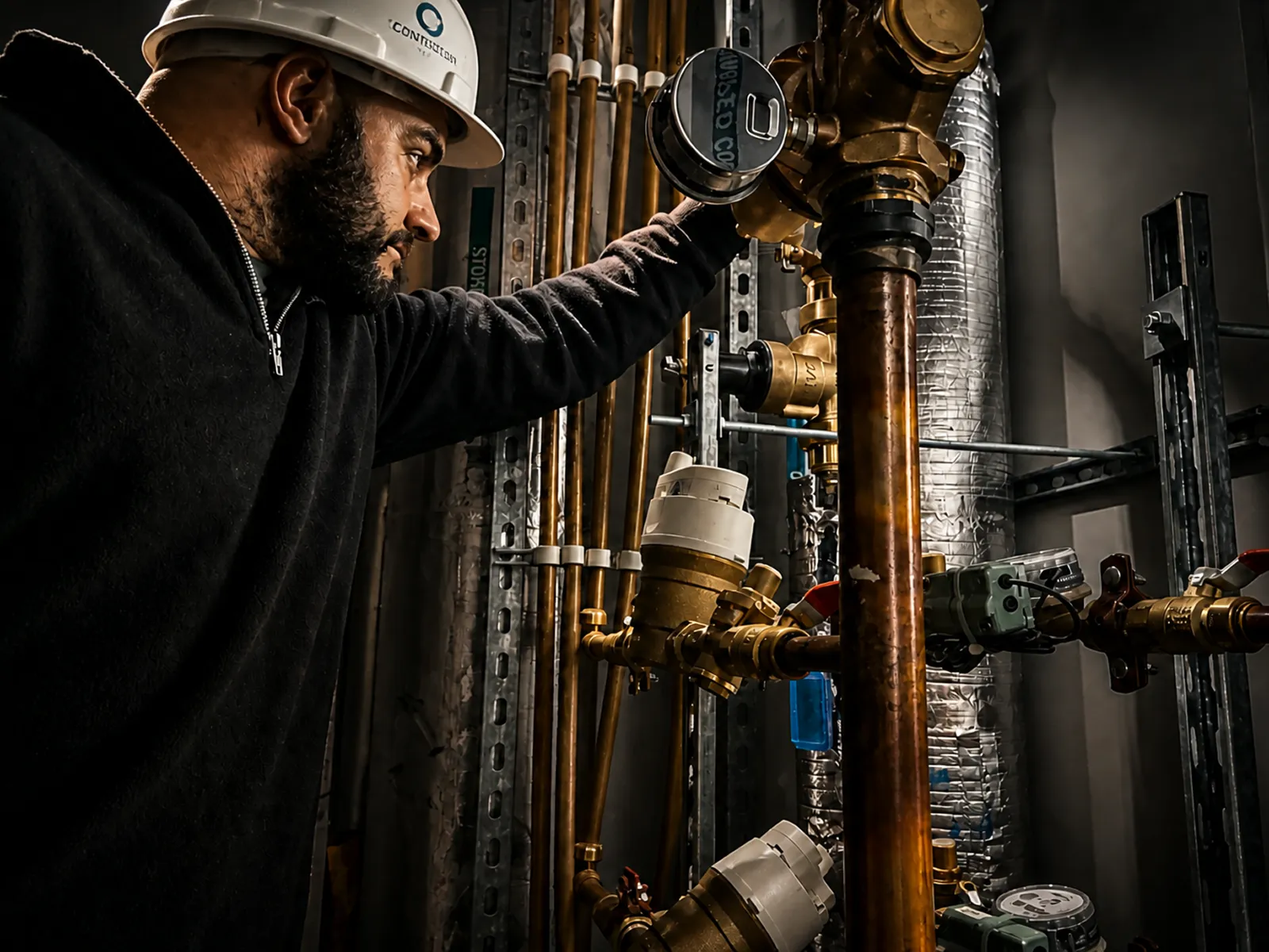 Controlled Flow Plumbing technician inspecting hydraulic pipework and quality-checking a commercial installation