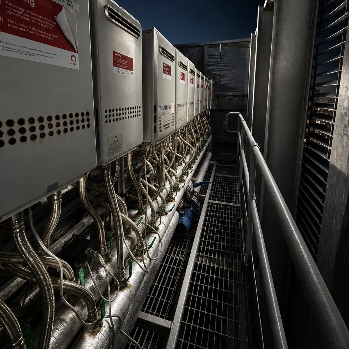 Rooftop gas hot water units servicing a commercial building's amenities and facilities