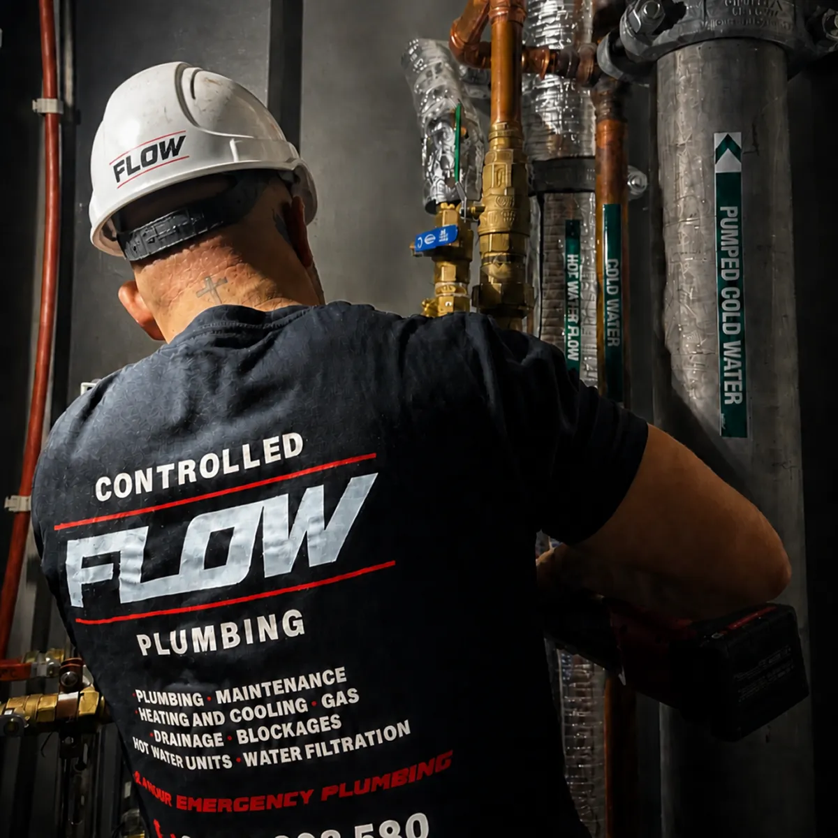 Controlled Flow Plumbing technician performing a reactive plumbing repair in a commercial plant room