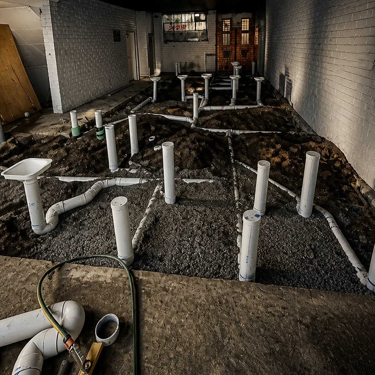 Rough-in plumbing pipework laid out for a commercial fit-out before flooring is installed