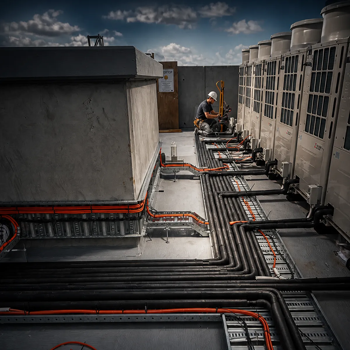 Controlled Flow Plumbing technician installing copper pipework and hydraulic services on a commercial rooftop plant deck