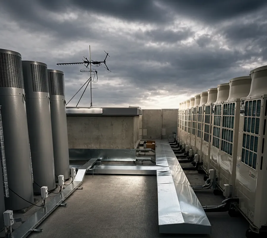 Rooftop HVAC units and hydraulic plant systems on a commercial building under stormy skies