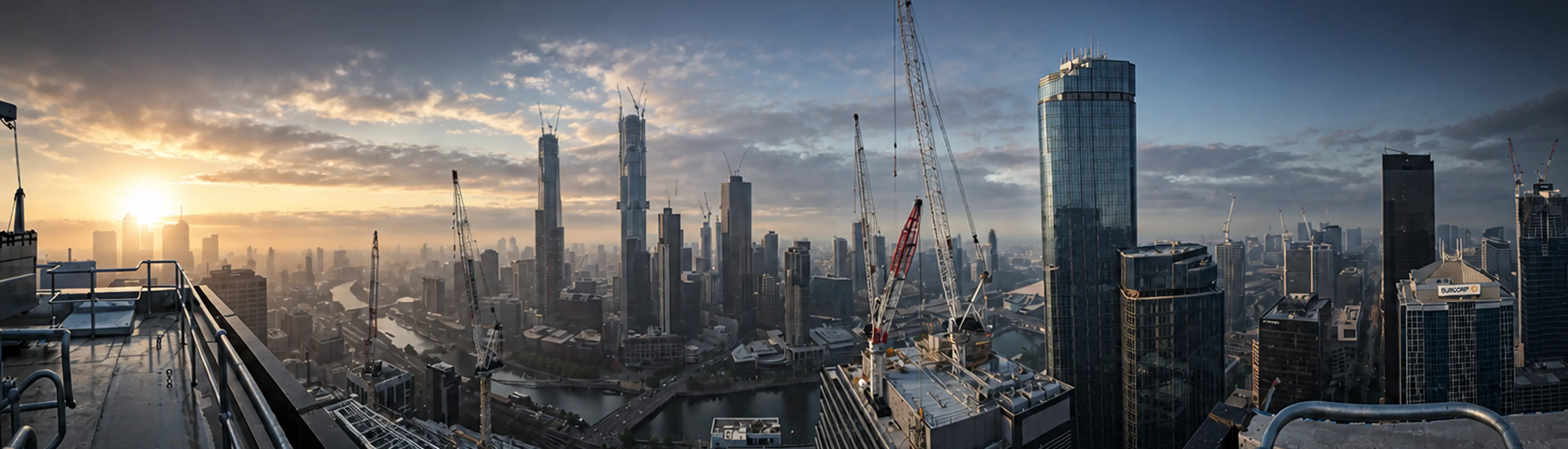 Sunrise over the Melbourne CBD skyline with construction cranes, viewed from a rooftop