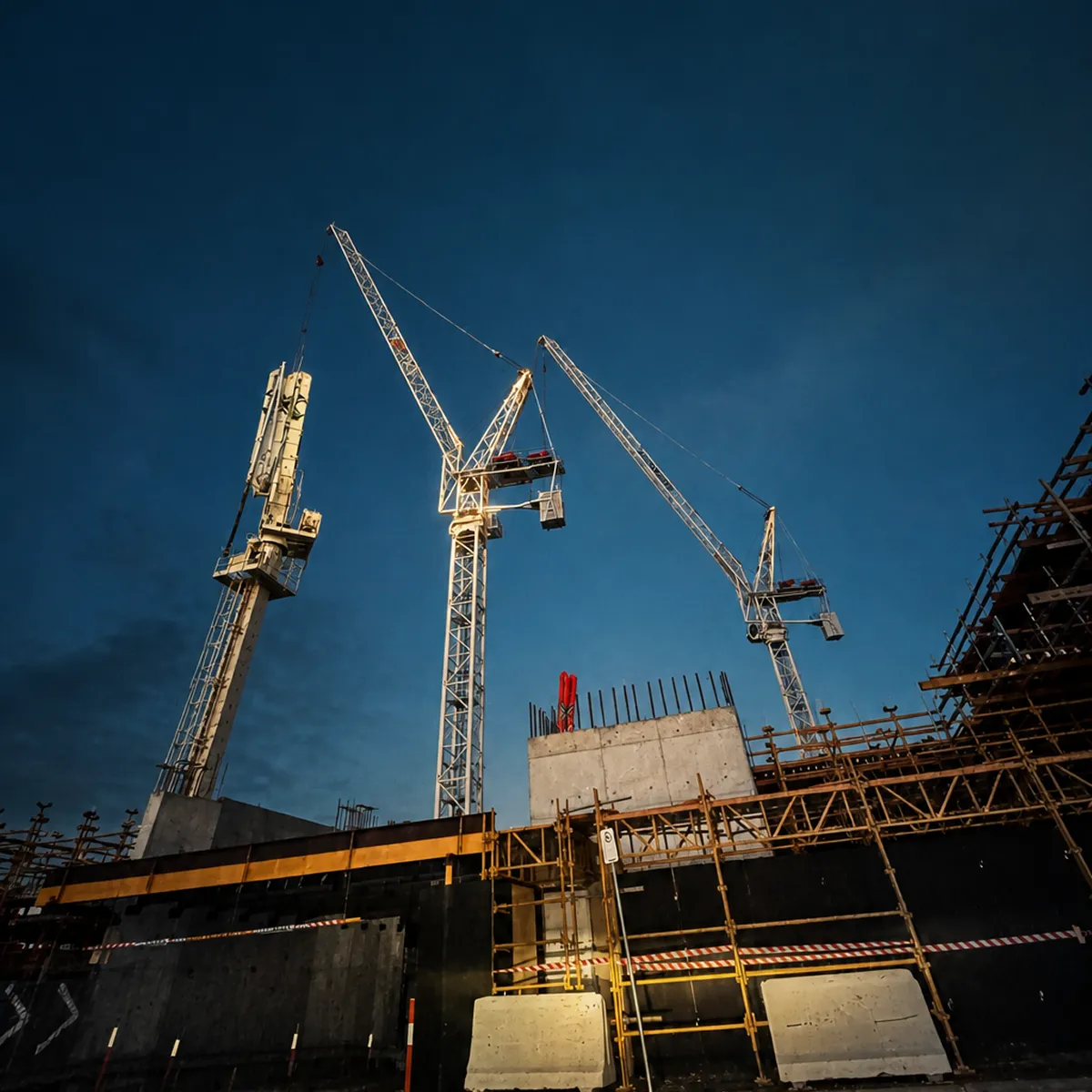 Tower cranes and scaffolding on a mixed-use development construction site at dusk