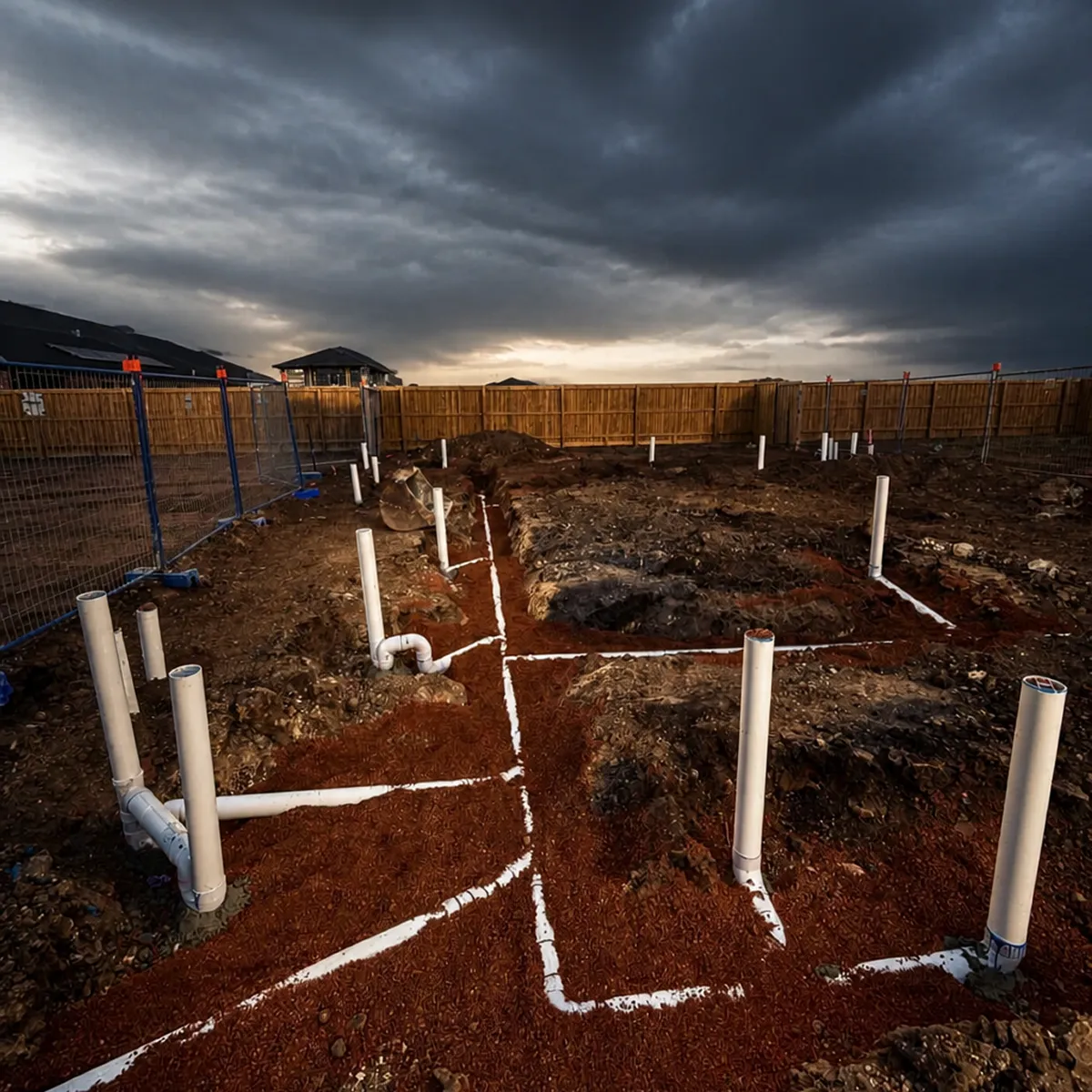 Underground drainage and stormwater pipework laid out on a new residential construction site