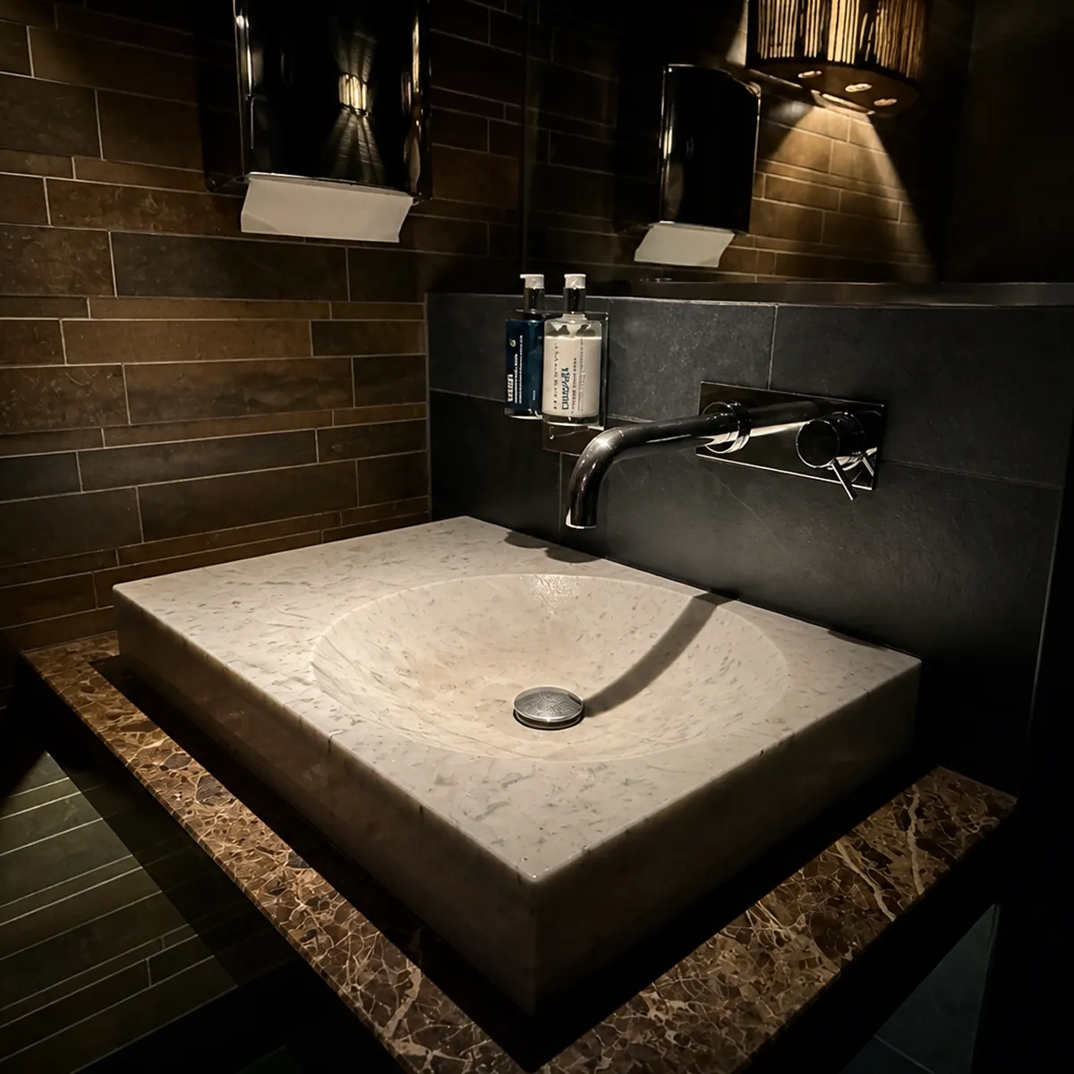 Upscale hotel bathroom and powder room maintained for a hospitality venue