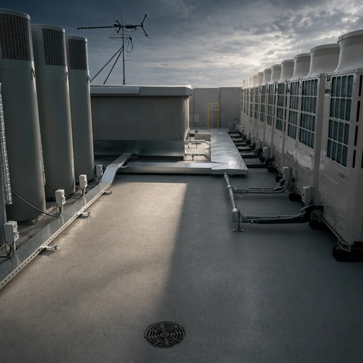 Rooftop HVAC and mechanical plant systems on a commercial building managed by a property manager